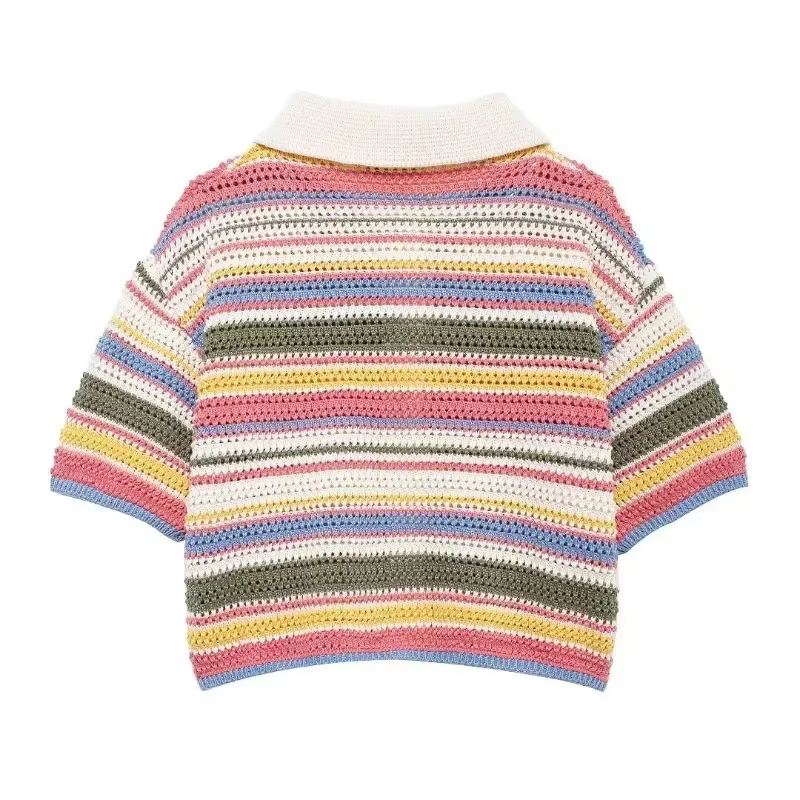 Pull court rayé en tricot au crochet pour femme