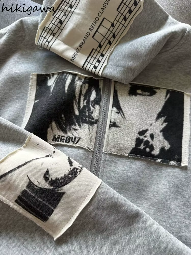 Sweat-shirts à capuche vêtements pour femmes rétro Patchwork Portrait imprimé vestes Y2k hauts 2025 Ropa Mujer