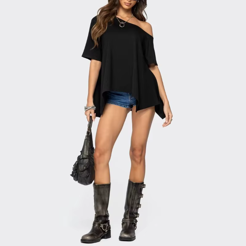 T-shirt asymétrique à épaules dénudées pour femme, manches courtes, coupe ample, ourlet irrégulier, chemisier décontracté uni