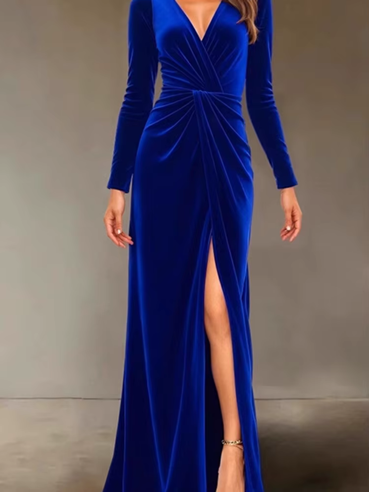 Robe de soirée en velours pour femmes, col en v, Slim, torsadé, taille haute, Sexy, couleur unie, plissée, robes trapèze, nouvelle collection automne hiver 2025