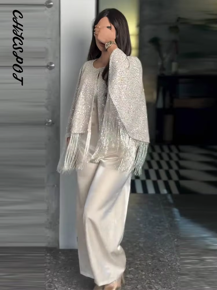 Tops châles oversize à sequins et franges pour femmes, col rond sexy, manches longues, brillants, coupe ample, capes chic pour soirées et clubs