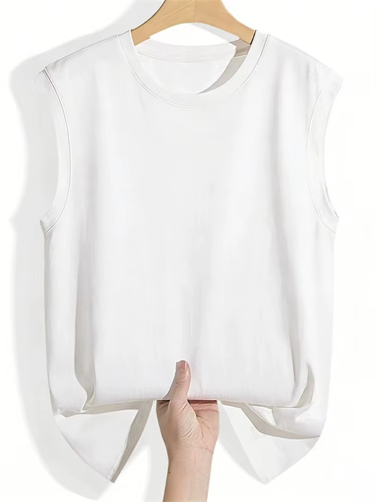 Débardeur Femme Été 2026 en Coton Col Rond Sans Manches Couleur Unie avec Poignets Côtelés Coupe Ample Décontractée Polyvalente