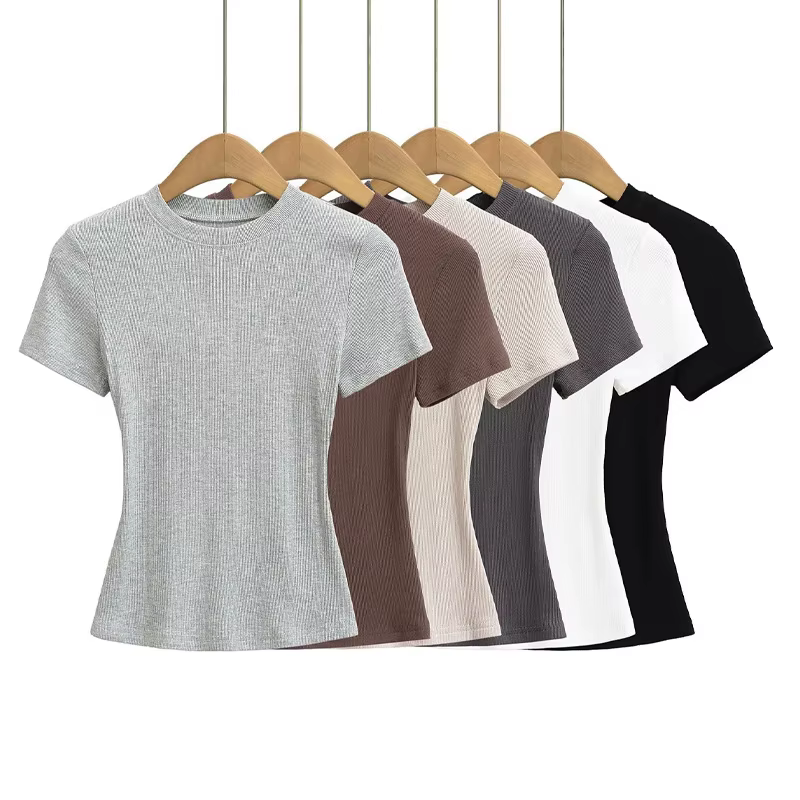 Tops courts d'été à col rond et très élastiques pour femmes, hauts à manches courtes, blouses sexy à enfiler, t-shirts slim