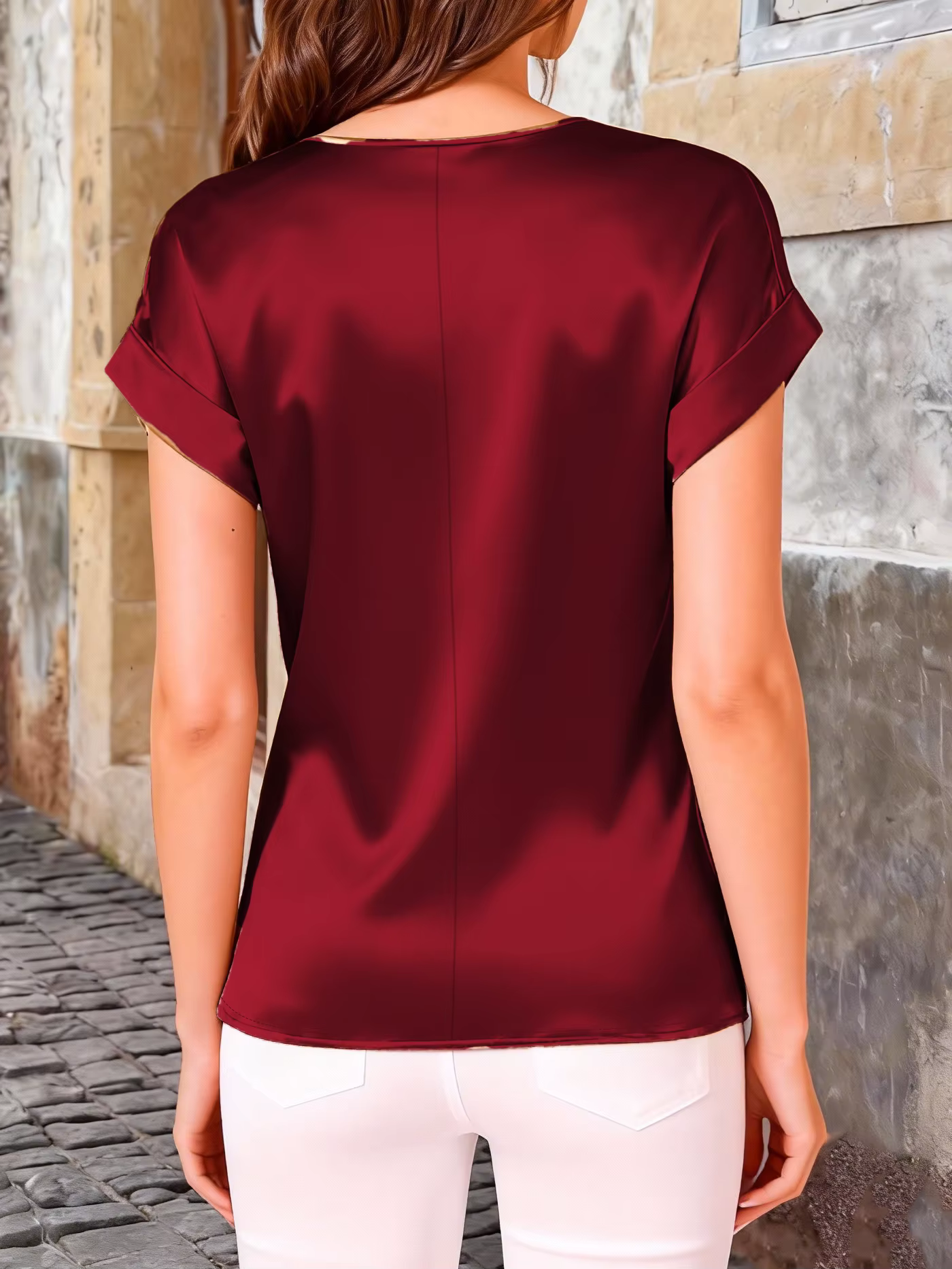 T-shirt élégant à manches chauve-souris en satin massif – Haut ample pour femme