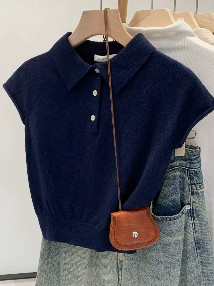 Nouveau T-shirt Femme Col Polo Bleu Marine Été 2026 – Haut Tricoté Chic et Décontracté à Manches Courtes Couleur Unie Tendance