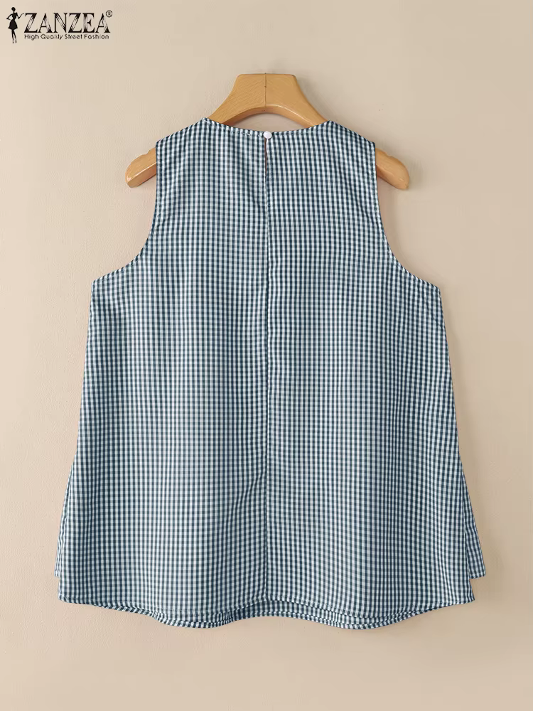 ZANZEA mode été débardeurs femmes t-shirts sans manches 2025 élégant à volants chemises à carreaux décontracté réservoirs amples Vintage imprimé Blusas