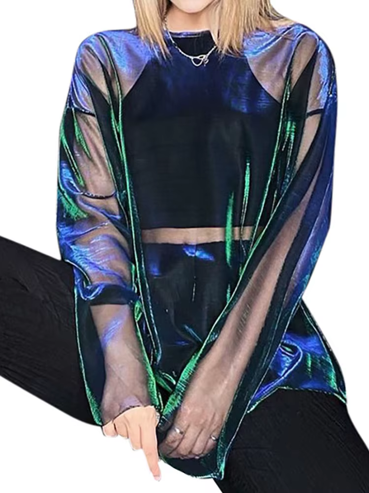 T-shirt à manches longues à col rond transparent pour femmes
