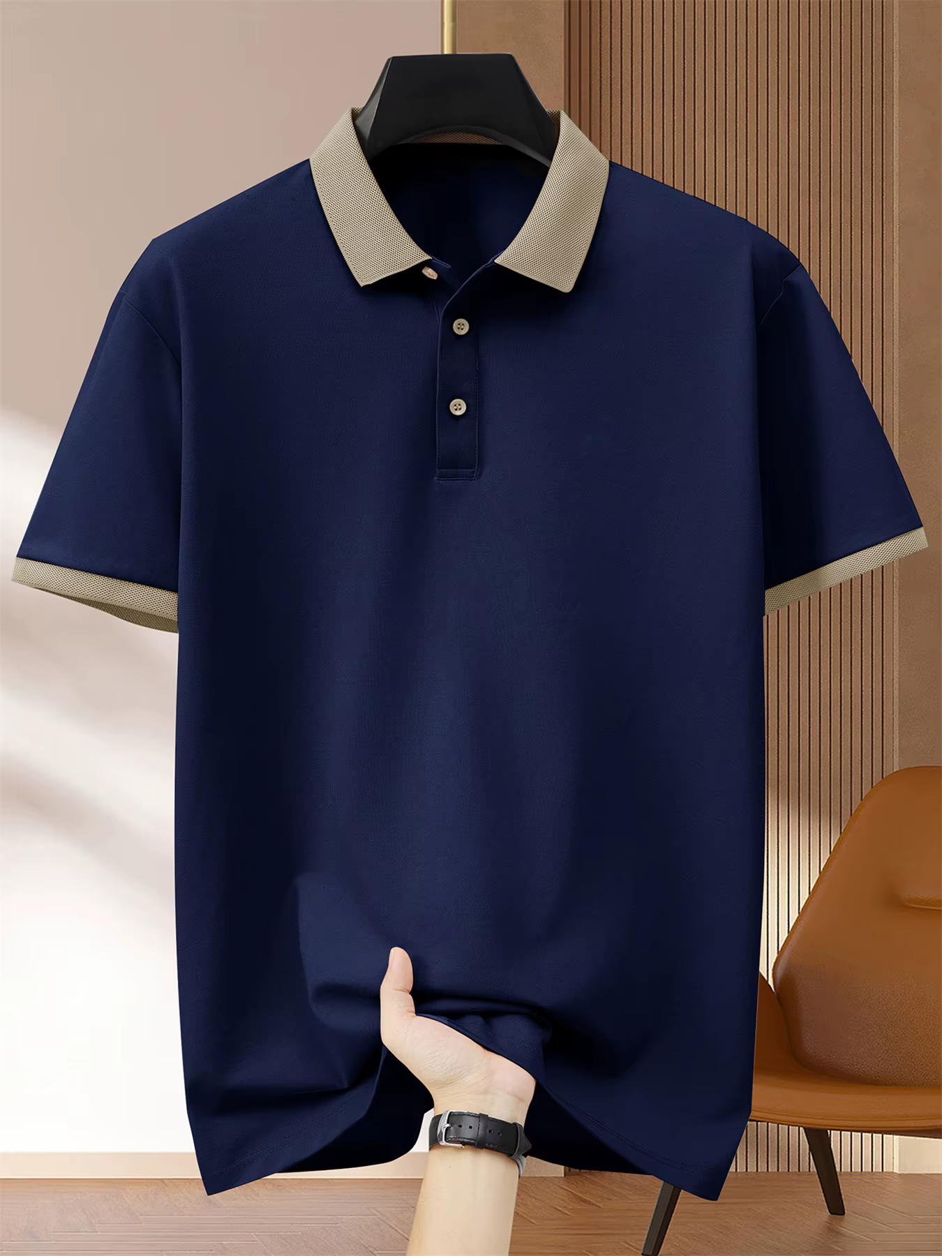 2025 Polo noir pour hommes contraste col Beige manchette manches courtes respirant affaires décontracté tissu doux