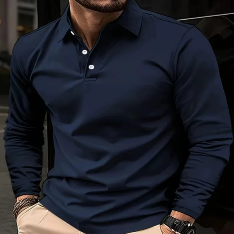 Classique hommes simple couleur unie revers polos printemps automne affaires loisirs voyage en plein air amis fête à manches longues hauts