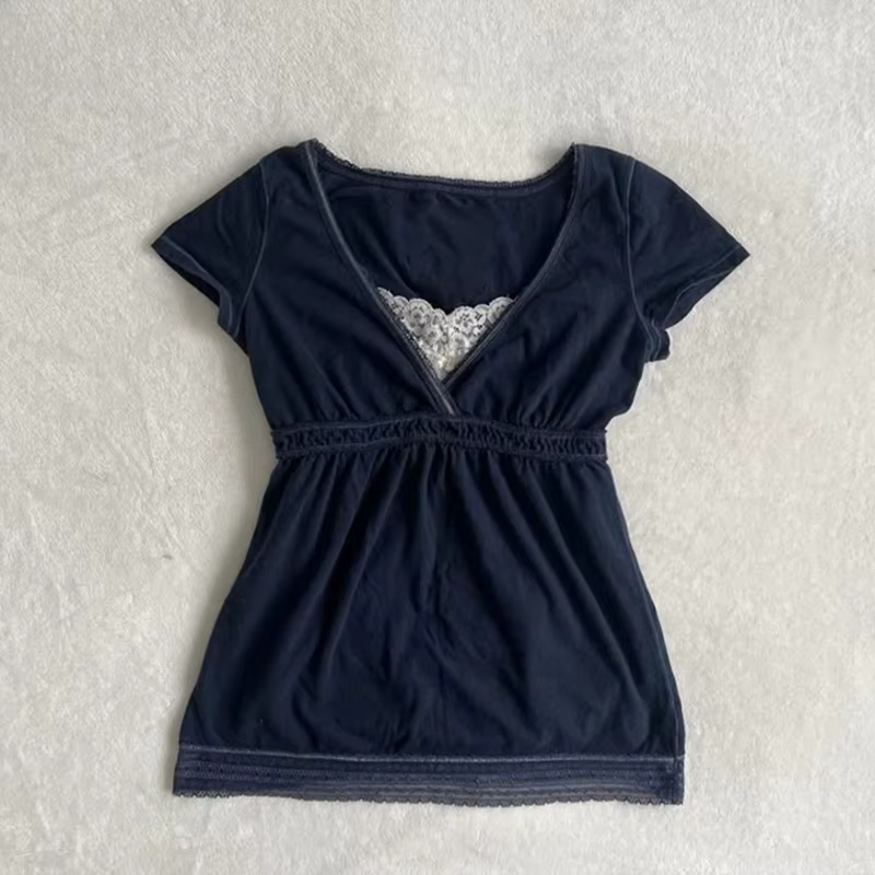 Couleur unie polyvalent T-shirt dentelle rétro décoration punk Y2K haut court rock esthétique mince haute rue urbain