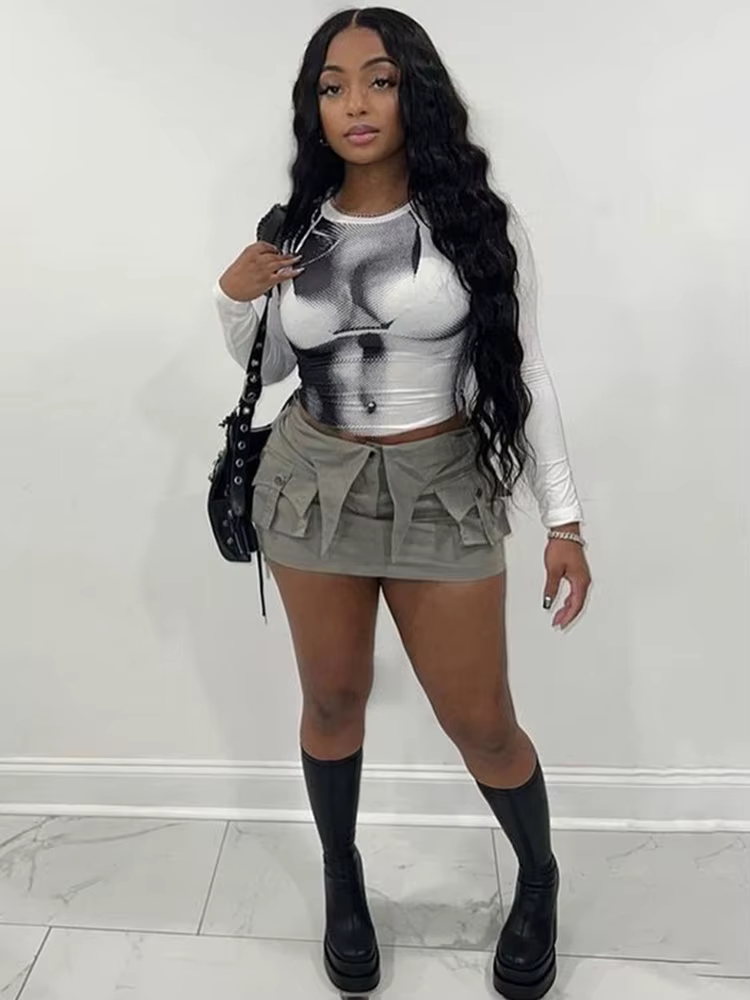 Body imprimé culture t-shirts femmes automne printemps Y2K mode coréenne à manches longues col rond haut maigre t-shirt Streetwear