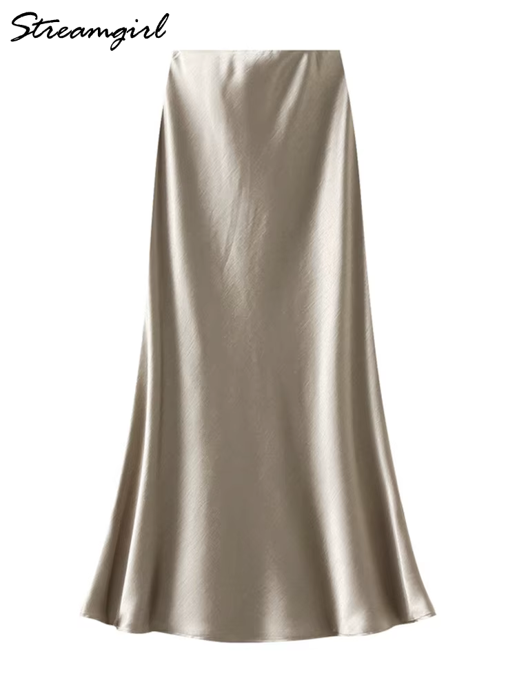 Streamgirl rose soie jupes pour femmes Midi bleu clair jupe Satin haute qualité luxe
