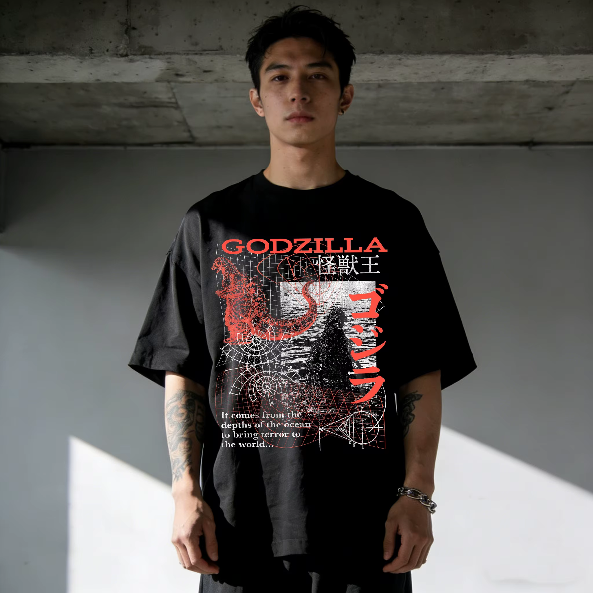 T-shirt à manches courtes double face Godzilla Kanji pour hommes et femmes
