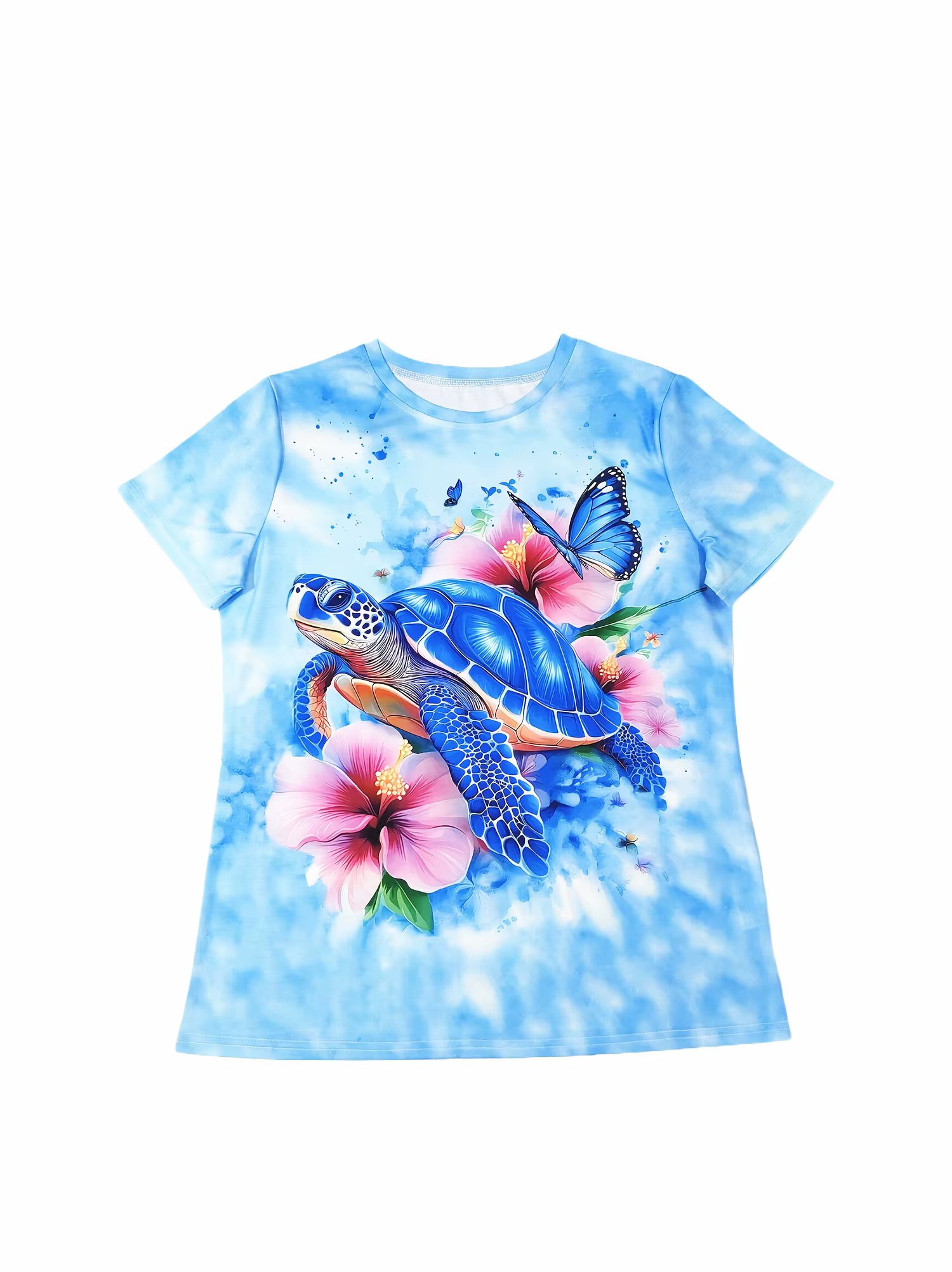 T-shirt bleu clair pour femme - Imprimé tortue bleue et hibiscus