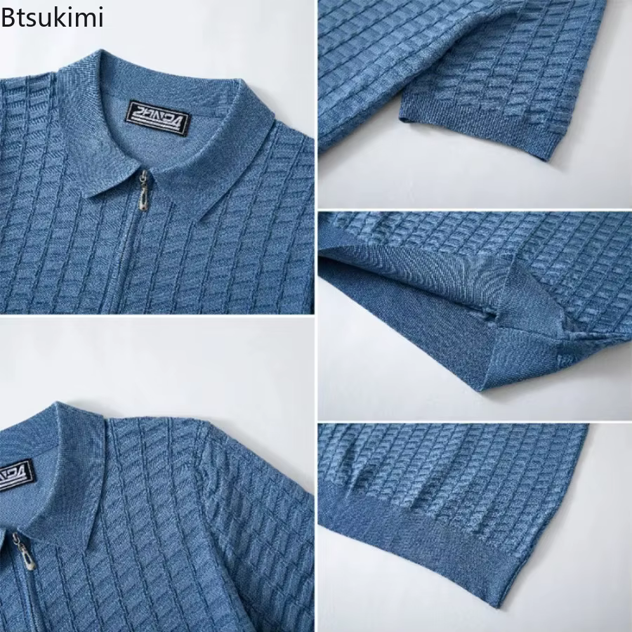 Nouveaux Polos Homme Décontractés Coupe Slim Été Couleur Unie Tricotés Pulls Vintage Manches Courtes Texturés
