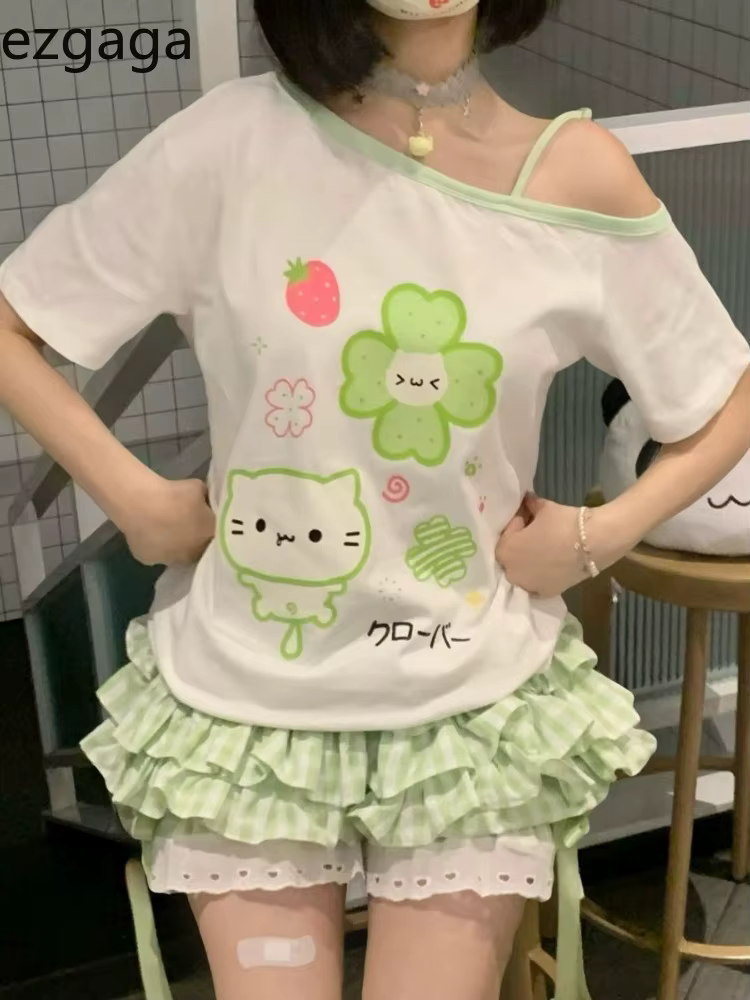 Ezgaga Harajuku t-shirts femmes dessin animé doux col diagonale manches courtes épaules nues drôle hauts femme Y2k dames