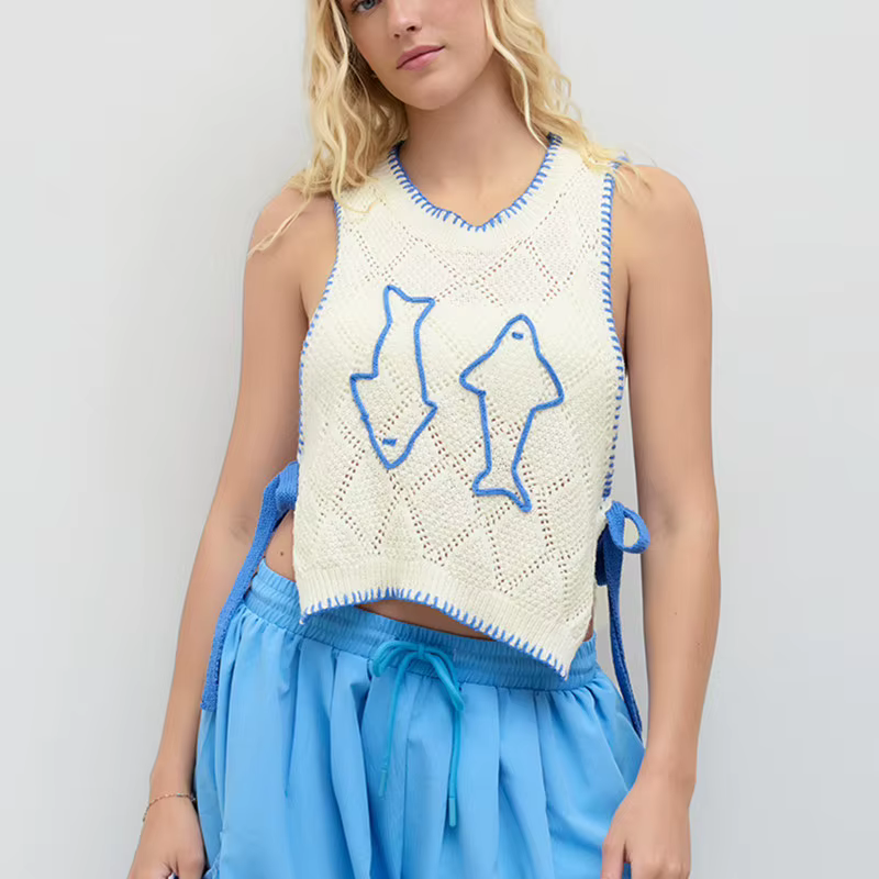 Femmes mignon graphique pull gilet Y2K léger sans manches tricot gilet hauts côtelé Crochet pull pull débardeur