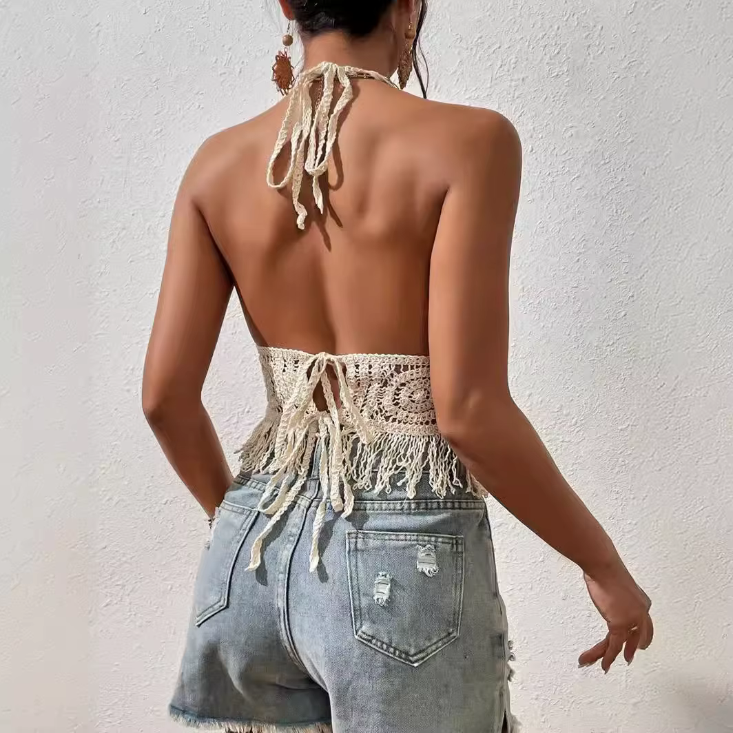 Femmes été plage Boho culture hauts Sexy Y2K tricoté dos nu évider débardeurs Crochet glands ourlet licou soutiens-gorge haut bustier