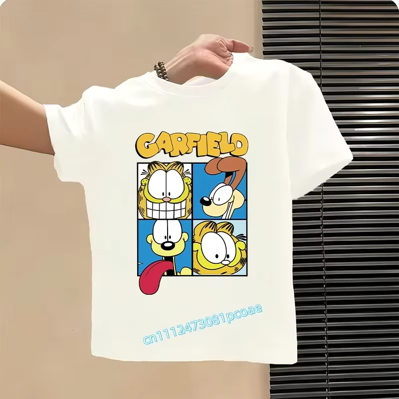 Nouveau t-shirt d'été avec imprimé de dessin animé Garfield - Chemise de sport à manches courtes en pur coton pour enfants ou haut décontracté pour filles