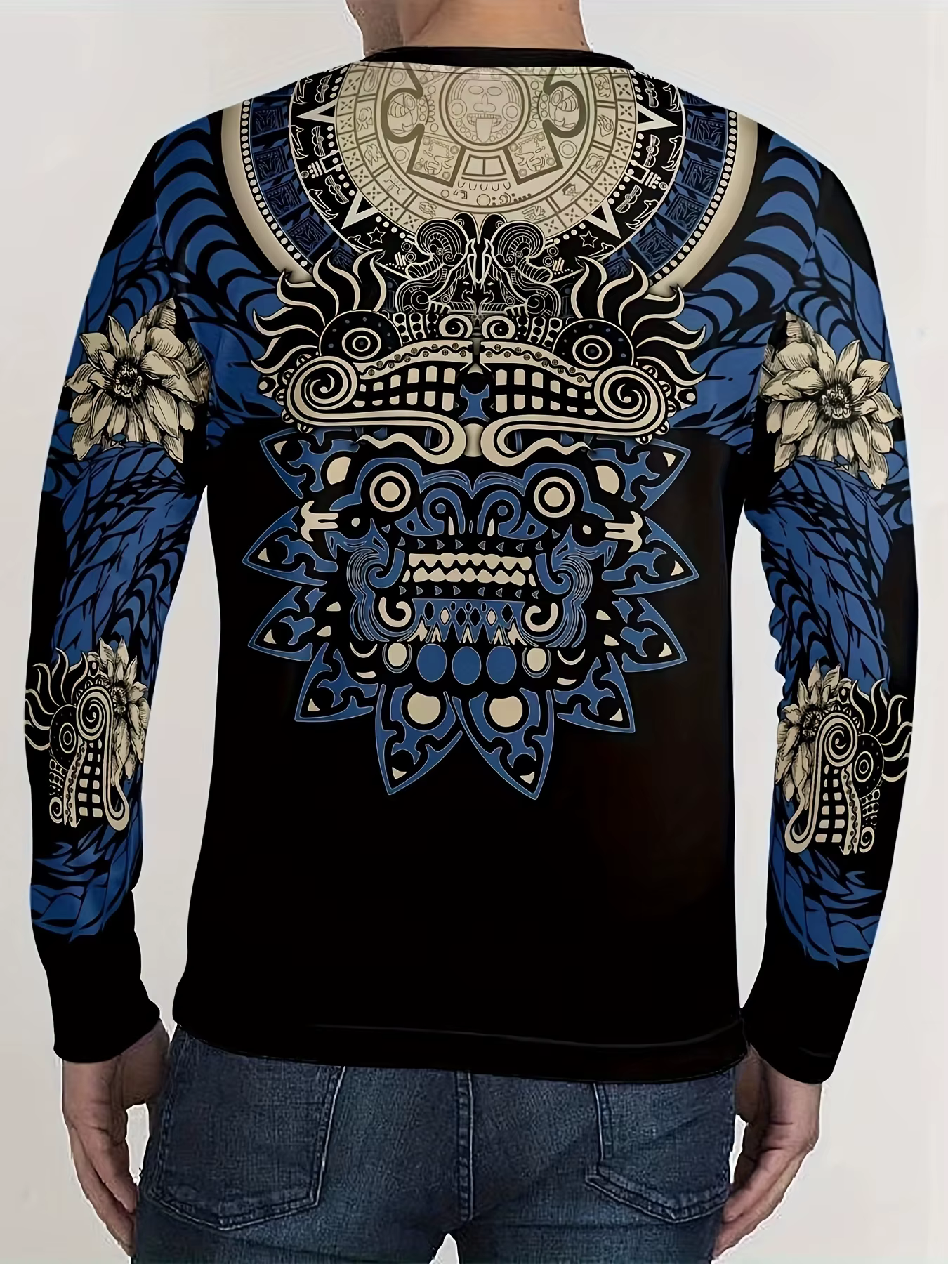 T-shirt à manches longues imprimé Quetzalcoatl pour homme 2026 avec graphiques aztèques numériques