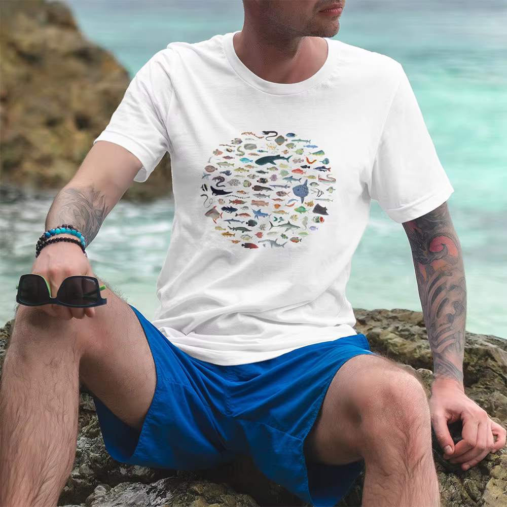 T-shirts pour hommes cent poissons océan vie Vintage 100% coton t-shirt à manches courtes plongée sous-marine