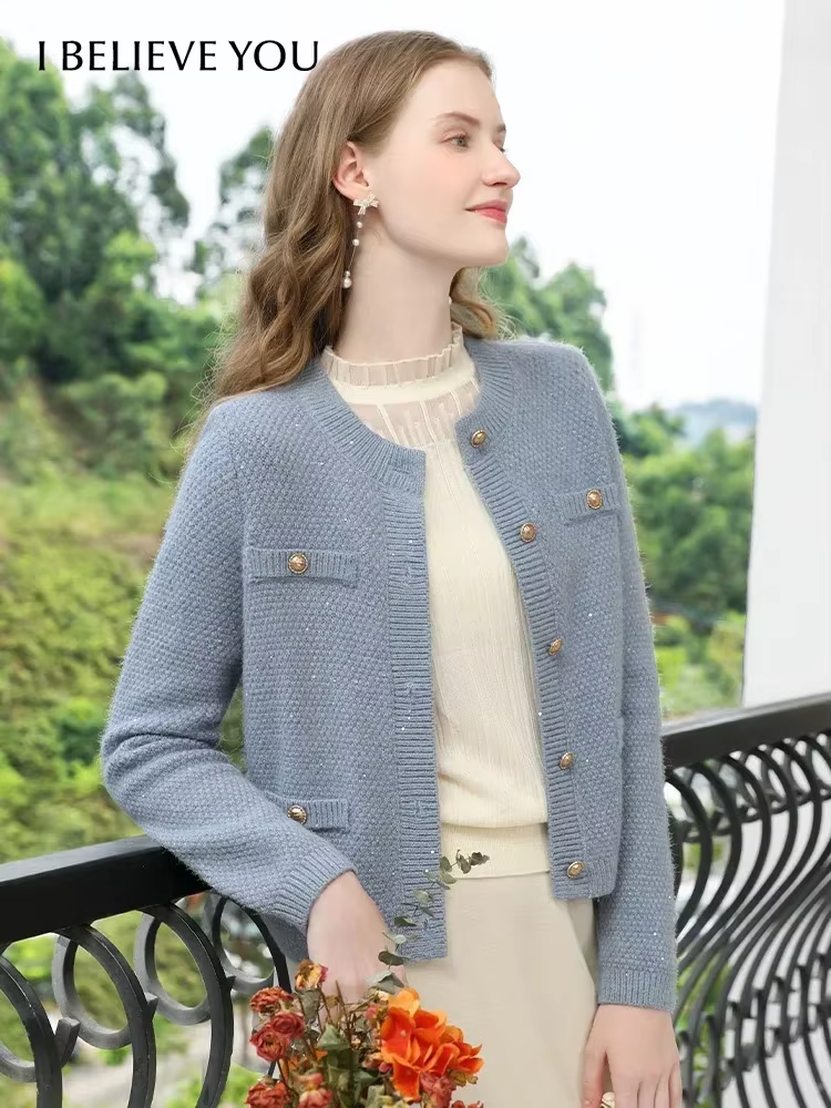 I BELIEVE YOU-Cardigan en Tweed pour Femme, Pull à Col Ras du Cou en Forme de Carillon, Vêtement Doux et Chic, Collection Printemps-Automne 2024, Y-2241145739