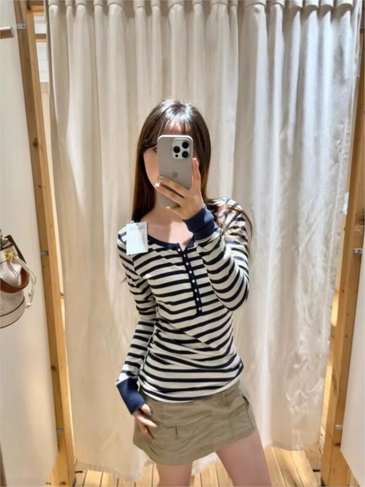 Mode bleu blanc rayé T-shirts femmes boutons col rond coton mince Patchwork à manches longues