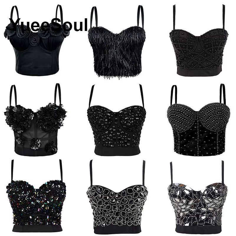 Hauts courts noirs 2025, nouveau Y2K gothique, fête de mariage, Club, rue, décontracté, Sexy, débardeur, perles, paillettes, Corset, vêtements pour femmes