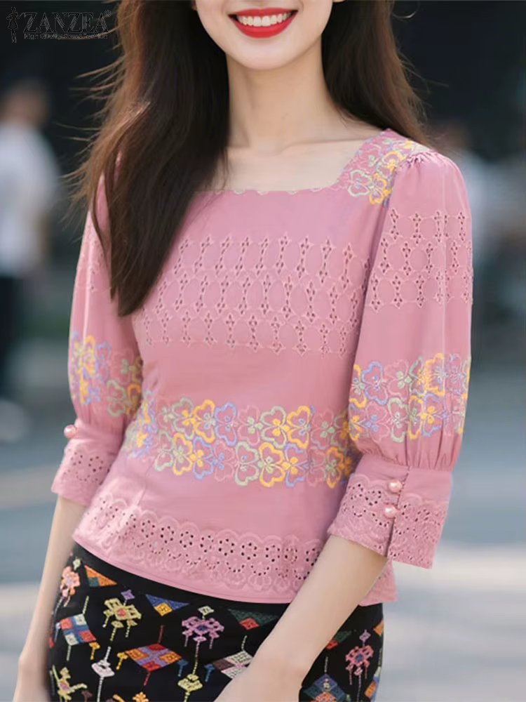 Femmes élégantes col carré manches 3/4 Blouses 2025 ZANZEA été imprimé chemise bohême élégant vacances hauts travail décontracté Blusas