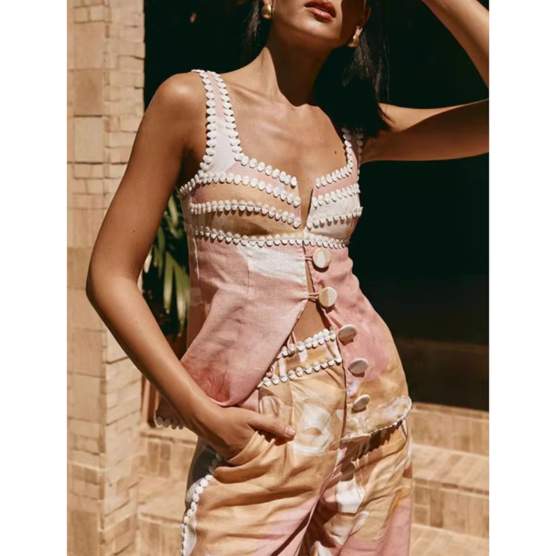 Femmes haut sans manches deux pièces ensembles assortis 2025 été imprimé Patchwork Chic tenue col en V mode Simple dame costume vêtements