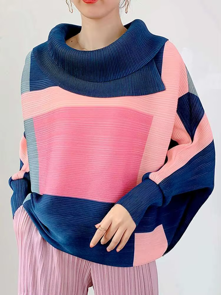 LANMREM 2025 mode nouveau T-shirt plissé pour les femmes Laple manches longues hauts amples bloc de couleur femme vêtements printemps 2YA771
