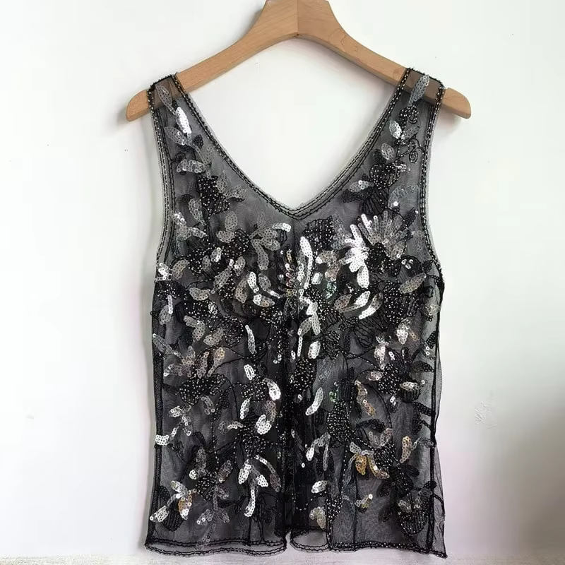 Paillettes perles Style français 2025 été nouveau gilet sans manches coupe ajustée Perspective Sexy Chic Ins mince débardeur ample