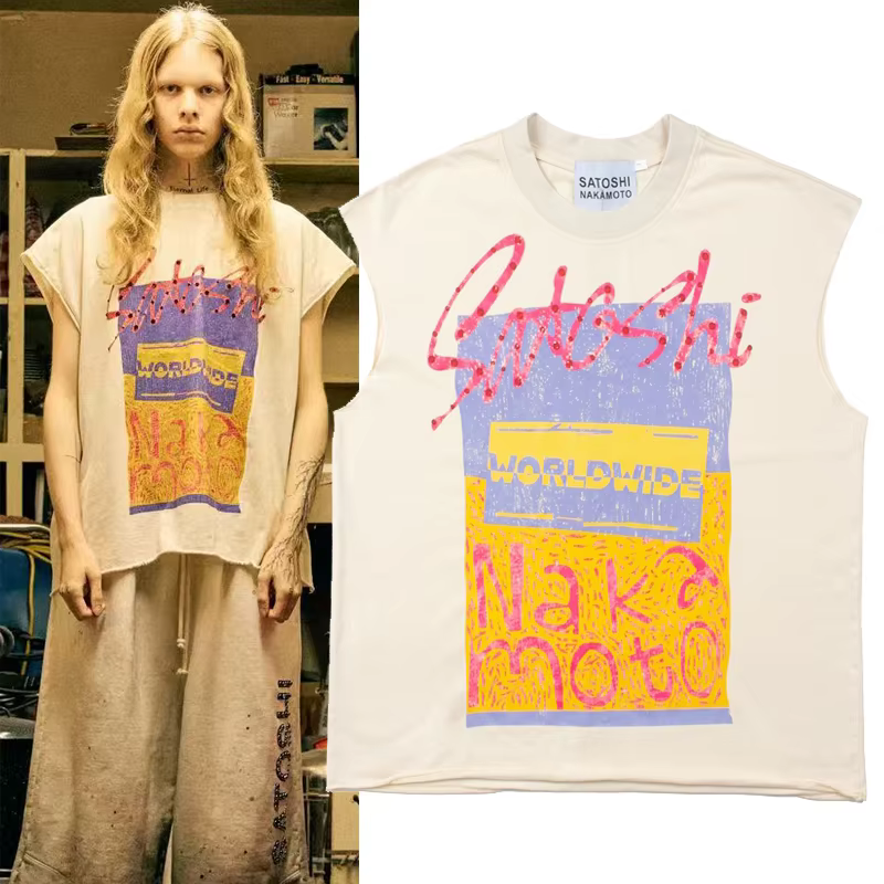 VINTAGE SATOSHI Vest Washed Popsicle Print T-shirt sans manches pour hommes et femmes