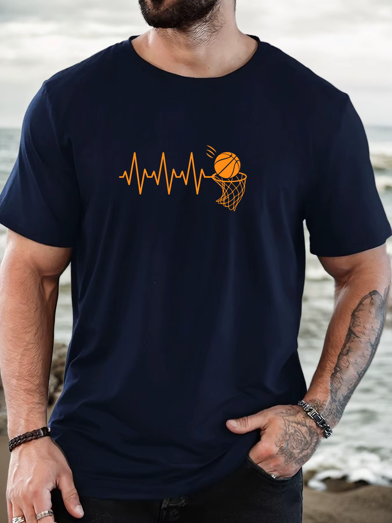T-Shirt homme 2025 nouveauté sport basket-ball graphique battement de coeur ligne & cerceau imprimé Orange haut élégant quotidien décontracté