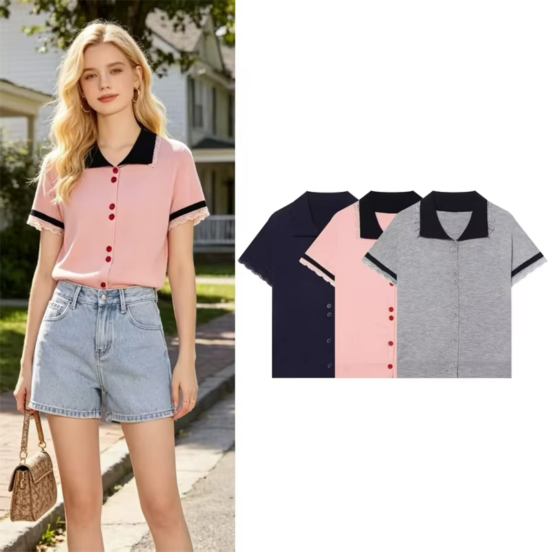 T-shirt pour femmes, nouveau haut cardigan à manches courtes avec bordure en dentelle contrastante