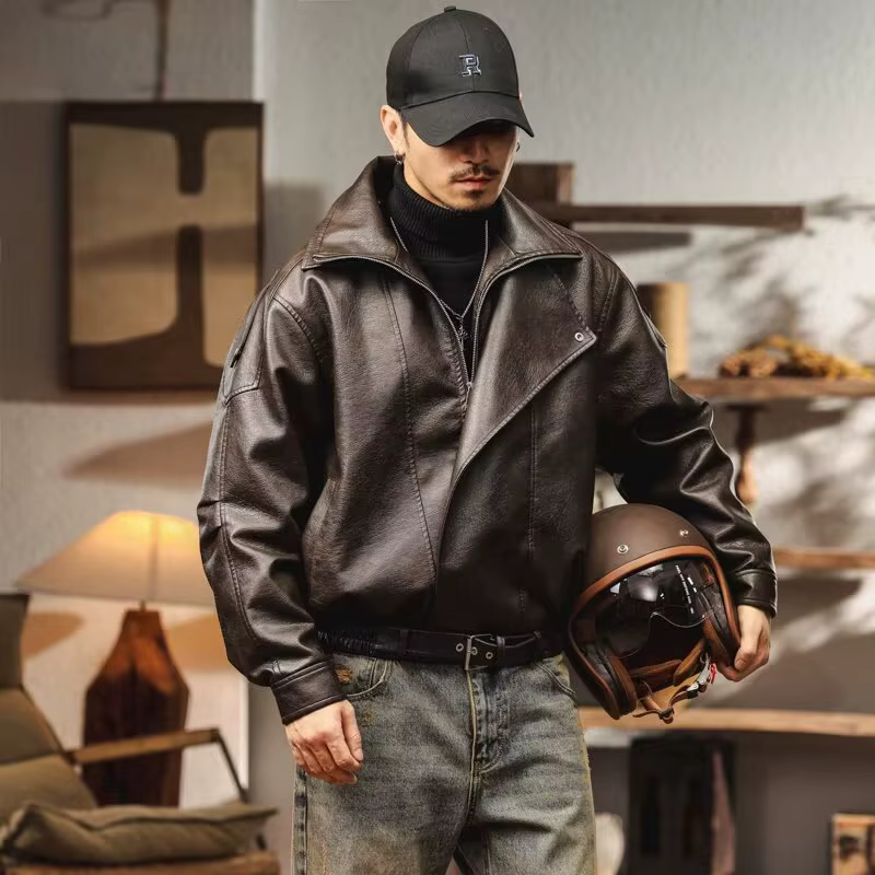 Veste en cuir PU rétro américain pour hommes