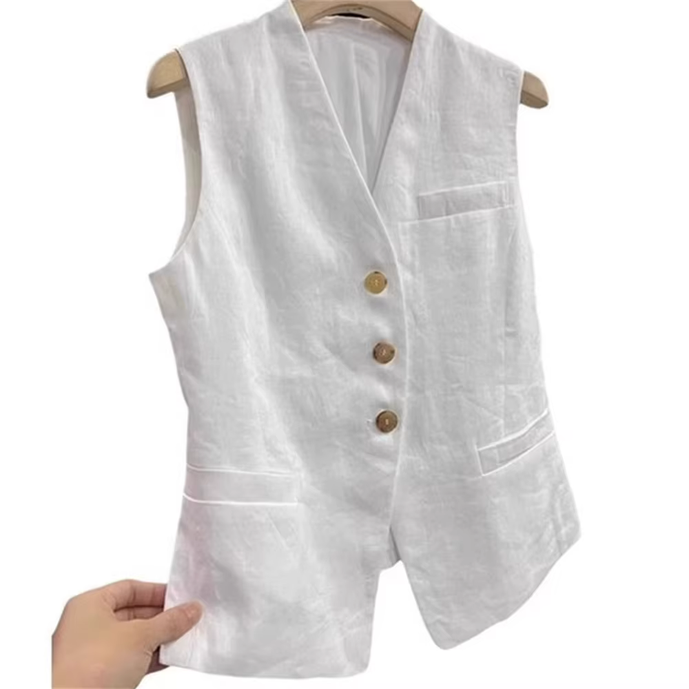 Mode lin blanc sans manches costume gilet pour femmes printemps été haute qualité rétro élégant col en v coton lin