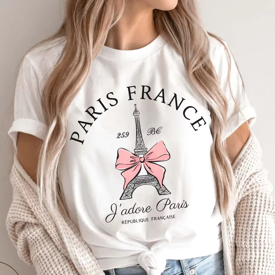 T-shirt Tour Eiffel Paris Rose Floral Vintage Cadeau Souvenir Français Vêtements Femme Mode