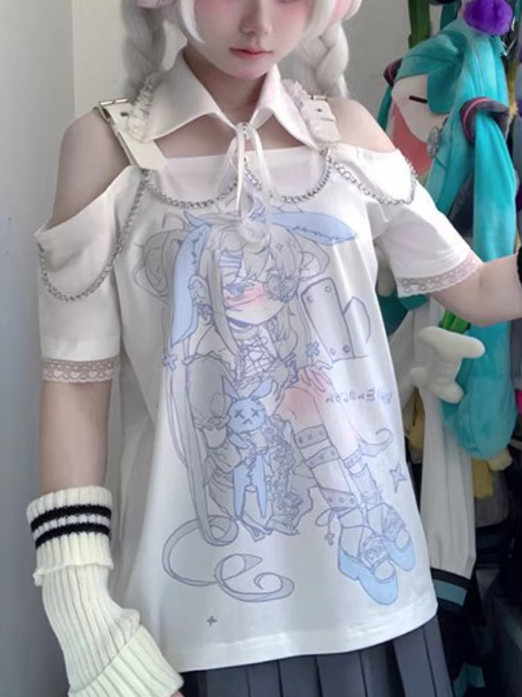 Économie College de dessins animés japonais pour femmes, T-shirt Harajuku Kawaii, Dégradé, Décontracté, Grunge, Esthétique, Off Initiated, Y-Summer, Y2k
