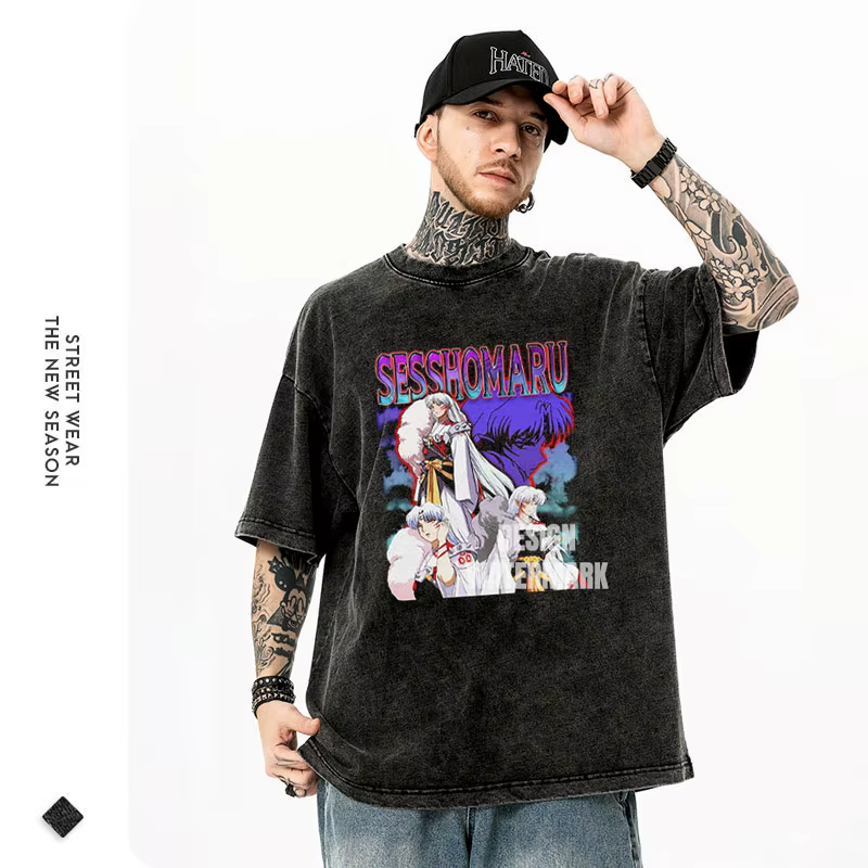 Anime i-inuyasha T-shirts surdimensionné Vintage lavé Sesshoumaru T-shirt rétro à manches courtes haut