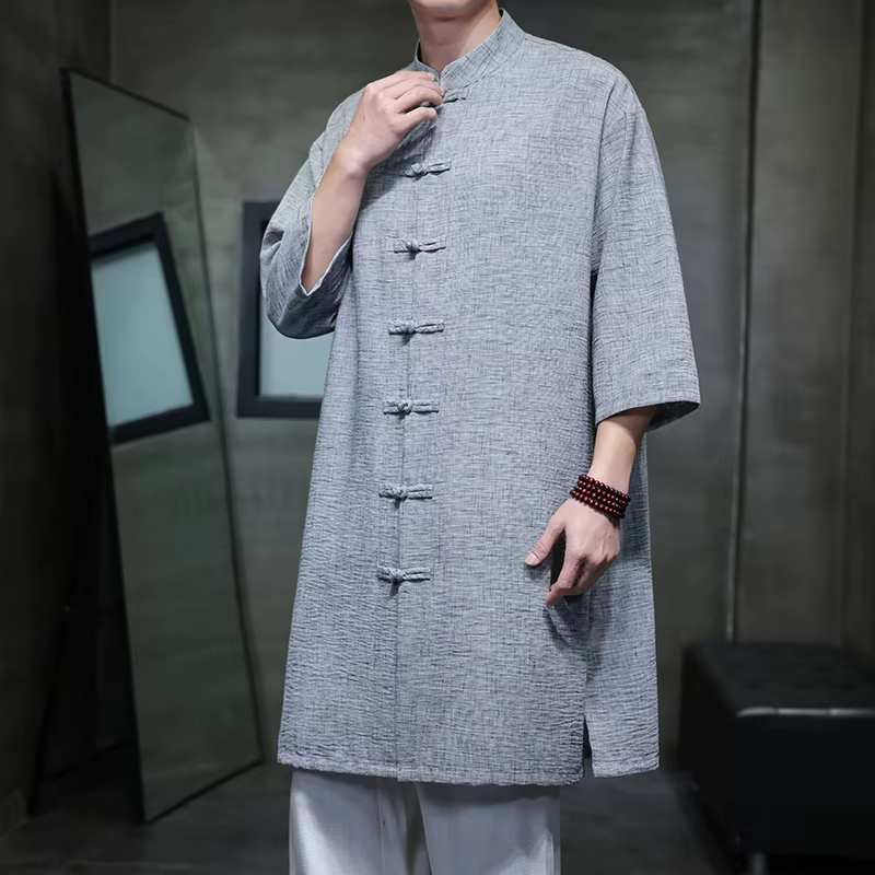 M-XXXXXL 2025 été coupe ample Style chinois hommes longue coton lin chemise couleur unie grande taille demi manches haut traditionnel 5XL