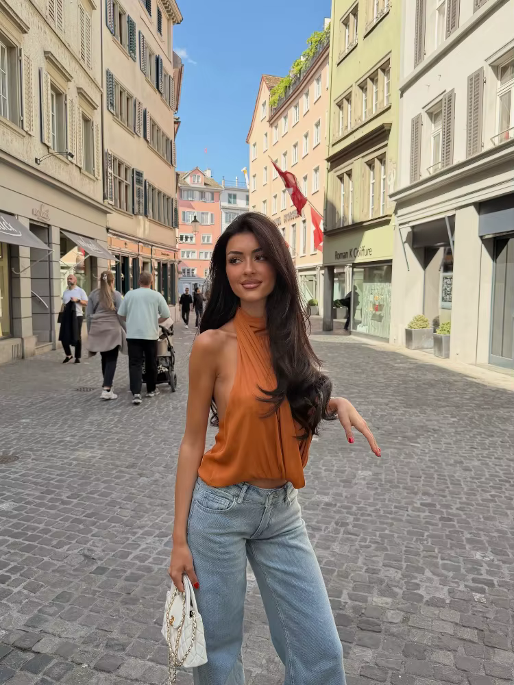 Haut orange sexy à col halter pour femme