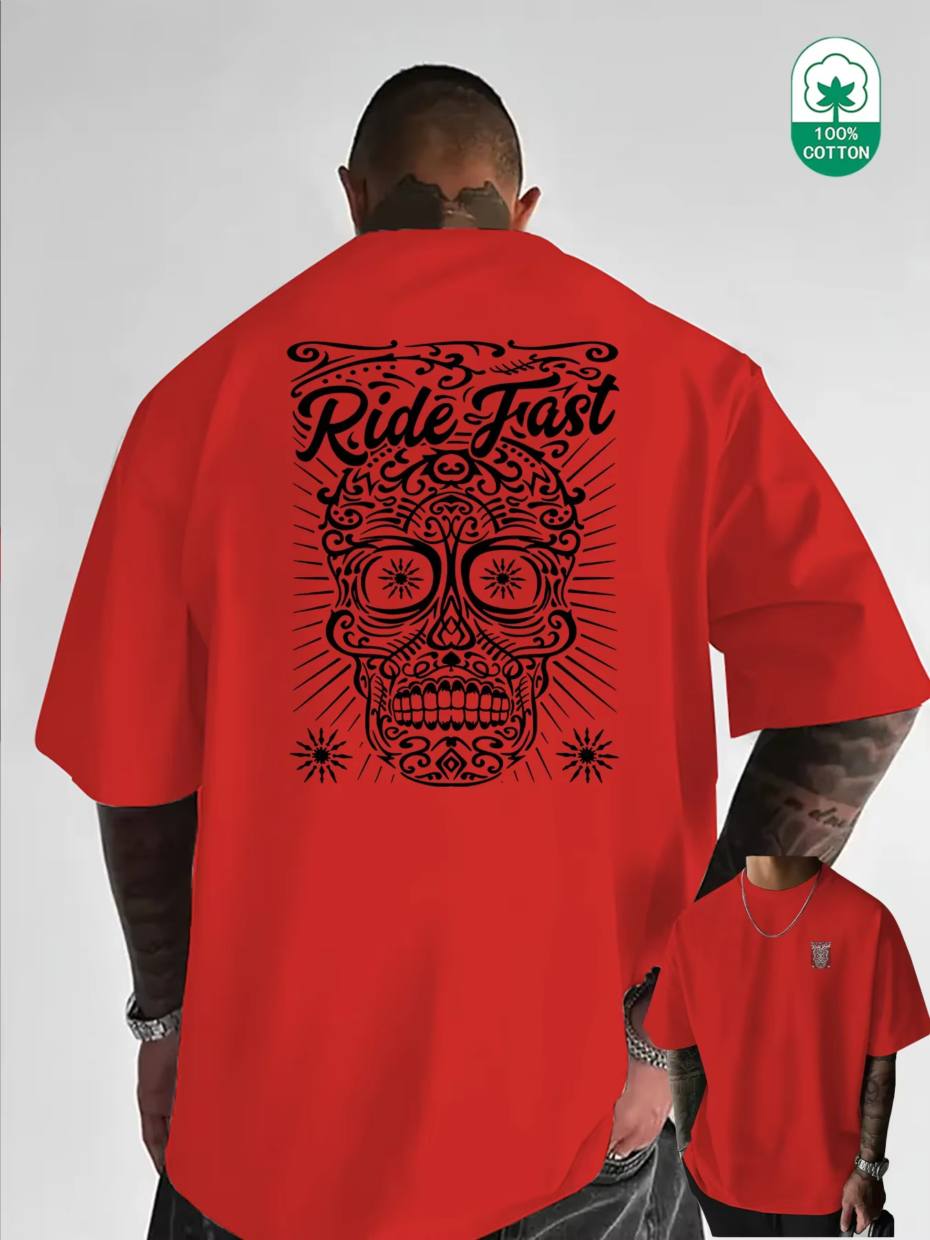 T-shirt Homme Oversize à Motif Crâne 100% Coton Grande Taille Style Urbain Rétro Tatouage Décontracté Respirant Manches Courtes
