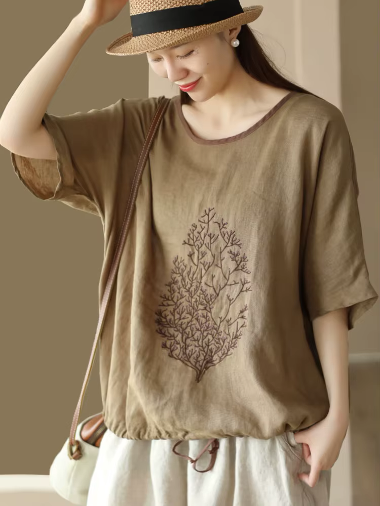 T-shirt à empiècements à col rond pour femmes