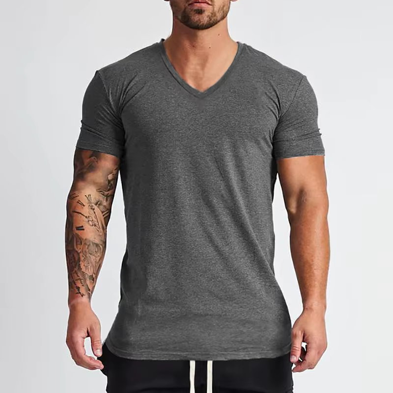 Nouvelle mode col en v T-shirt hommes coton coupe ajustée à manches courtes