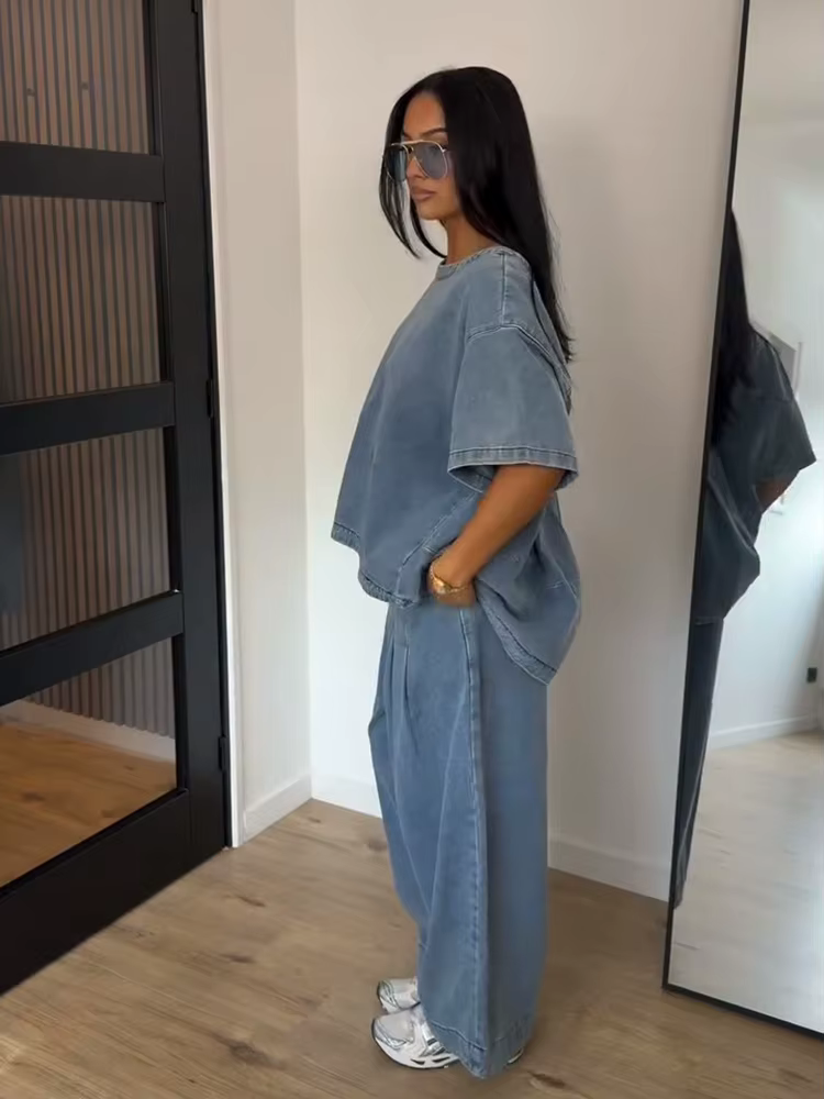 Ensemble pantalon et haut oversize en jean pour femme