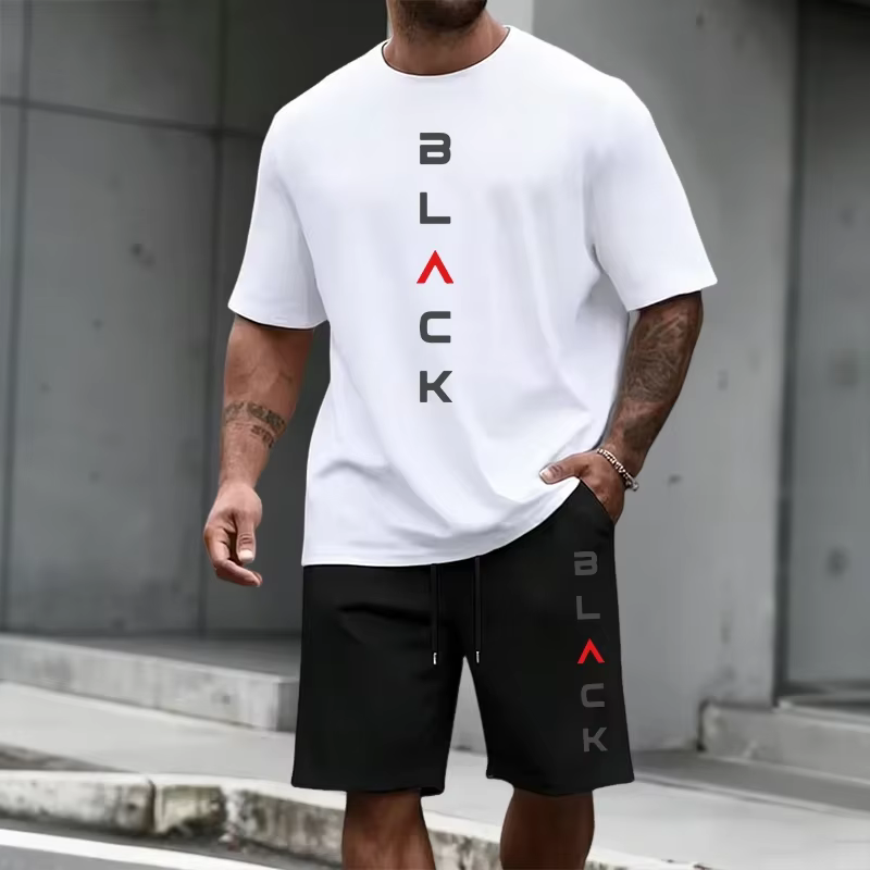 Ensemble T-shirt et short imprimé lettres noires pour homme – Tenue décontractée sportive d'été à manches courtes – Mode urbaine Streetwear