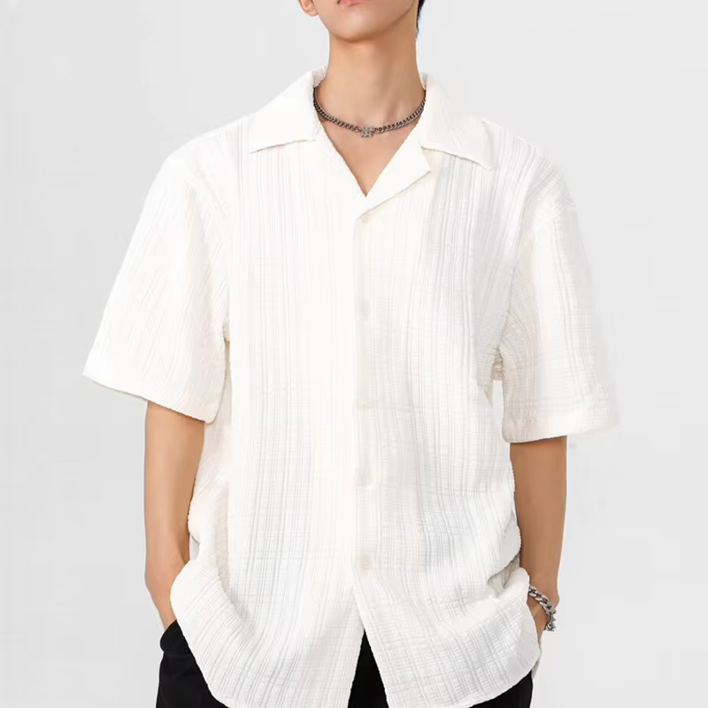 T-shirt décontracté polyvalent à col cubain texturé à manches courtes pour homme – Nouvelle collection été 2026