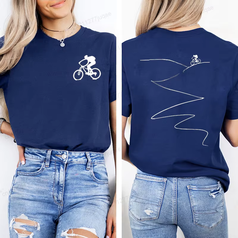 T-shirt imprimé pour cyclistes, haut décontracté à manches courtes et col rond pour l'été et le printemps, vêtements pour femmes