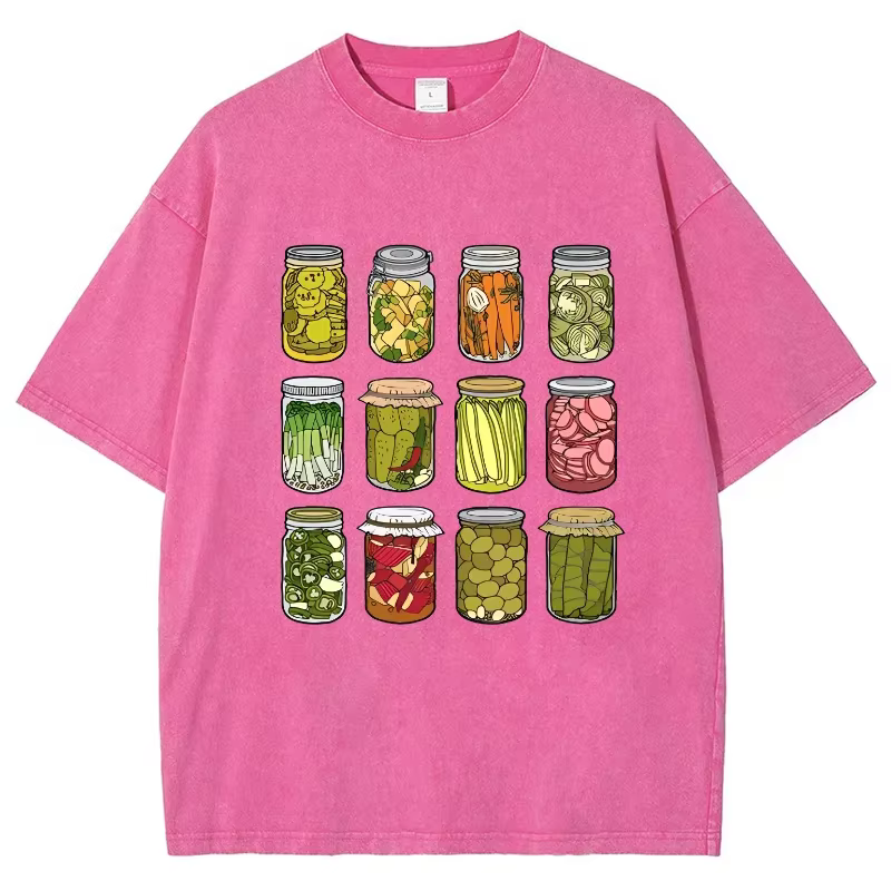 Dessin animé Kimchi imprimé T-shirt rétro lavé coton col rond manches courtes décontracté Design de mode unisexe haut basique